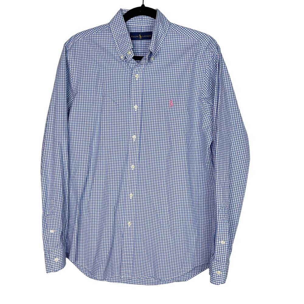 Ralph Lauren Mens Medium M Blue White Check Button Down Dress Shirt Cotton Pink